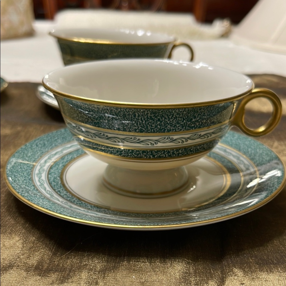 Vintage Gold and Green China Teacup Set by Haviland in Mosaic pattern.